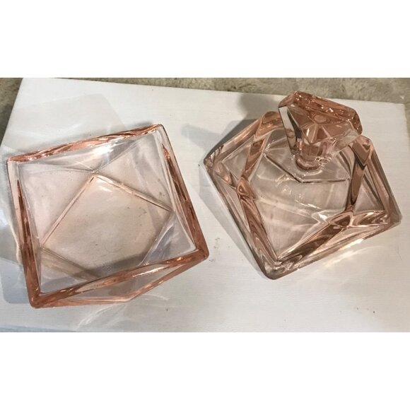 Glass Vanity Container Vintage Diamond Shaped Pink 2 Pc Powder Trinket Dish - Picture 6 of 11